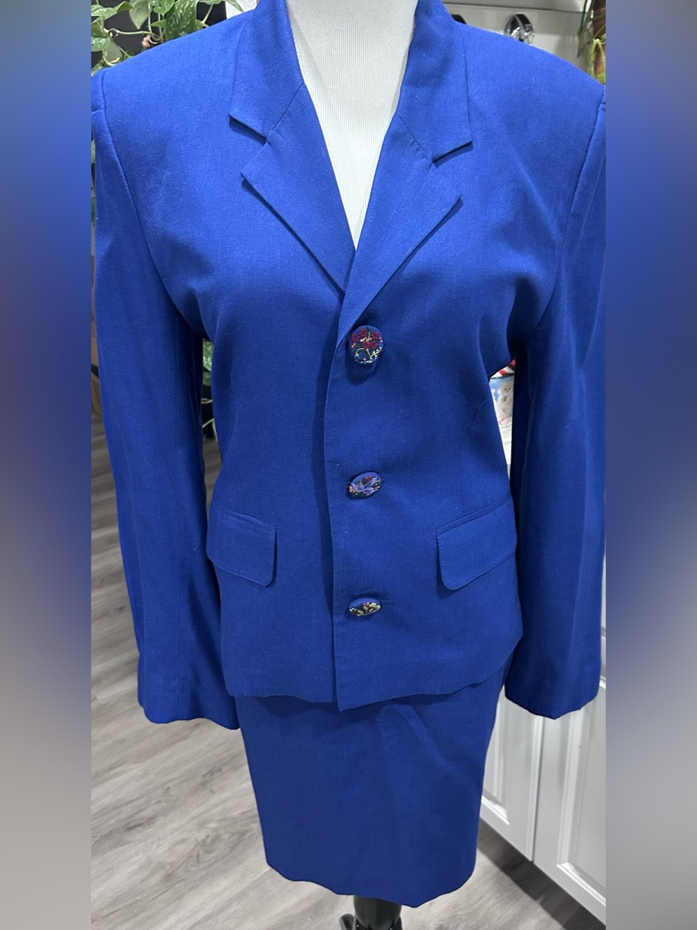 Esprit Collection Blue Skirt Suit Set 7/8 Rayon Linen Embroidered Buttons VTG